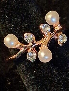 Faux Pearl & Crystal Branch Ring - Rose Gold Size 6